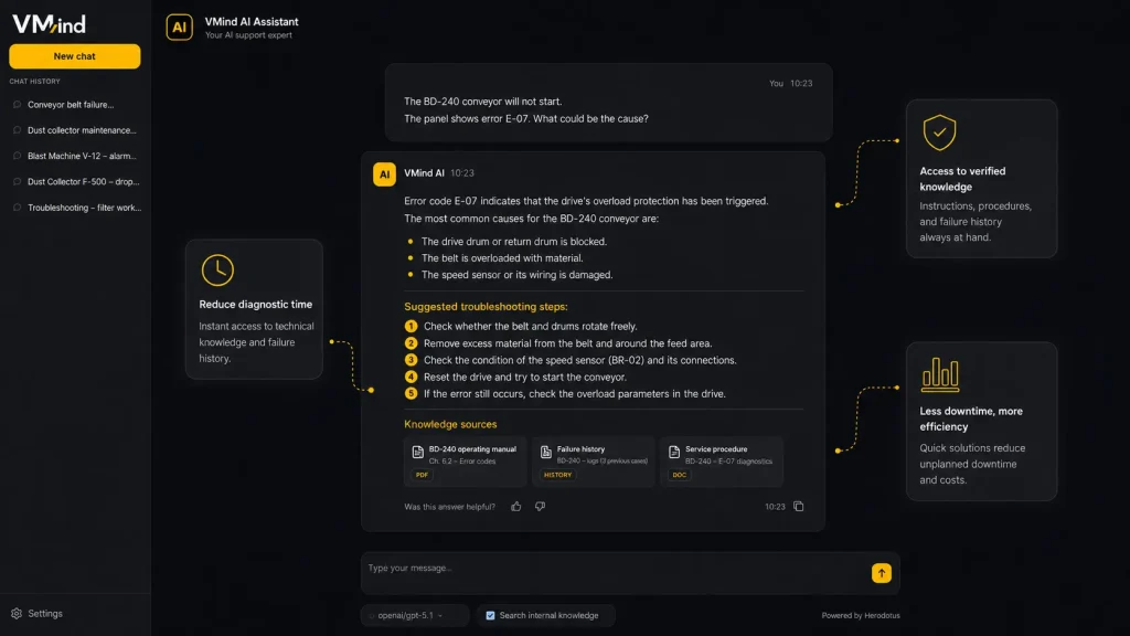 AI assistant for maintenance teams that provides fast access to verified technical knowledge, speeds up troubleshooting, and helps reduce unplanned downtime.