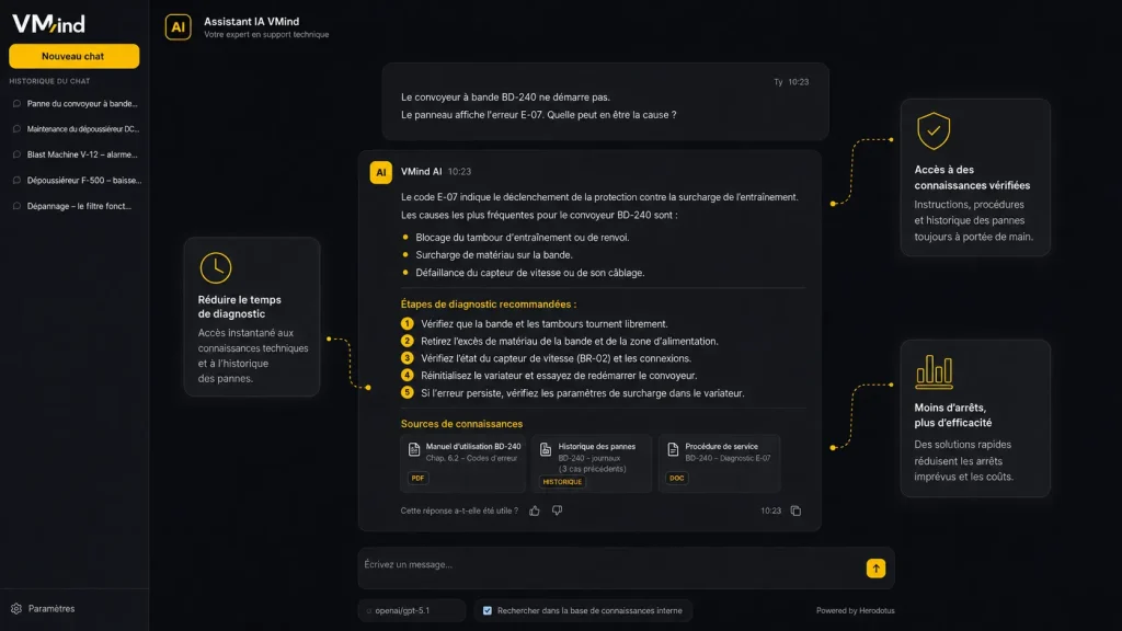 Assistant IA pour les équipes de maintenance, offrant un accès rapide à des connaissances techniques vérifiées, accélérant le diagnostic et contribuant à réduire les arrêts non planifiés.