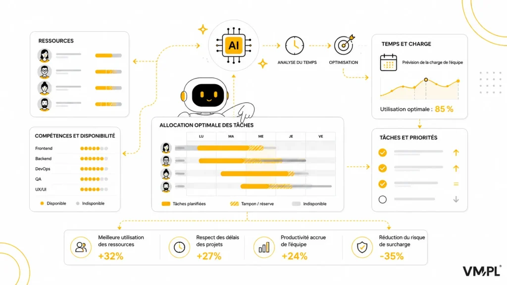 L’IA analyse les ressources, compétences, disponibilités et priorités afin d’optimiser l’attribution des tâches, la charge d’équipe et les délais.