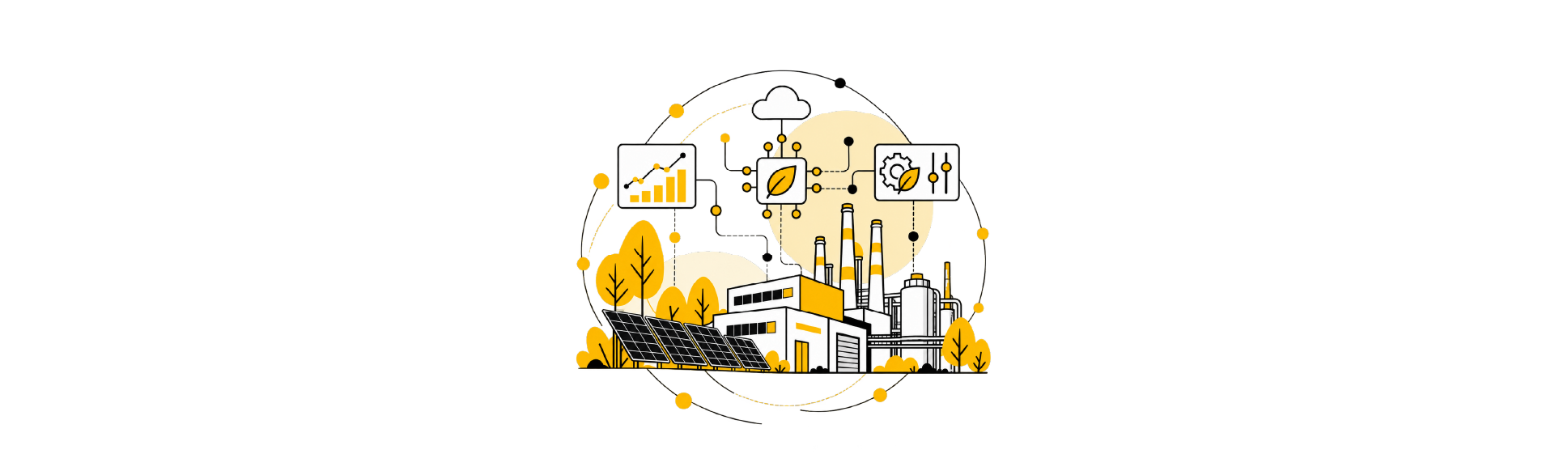 Illustration of a sustainable industrial factory with solar panels, trees, and icons representing energy efficiency, green technology, and production optimization.